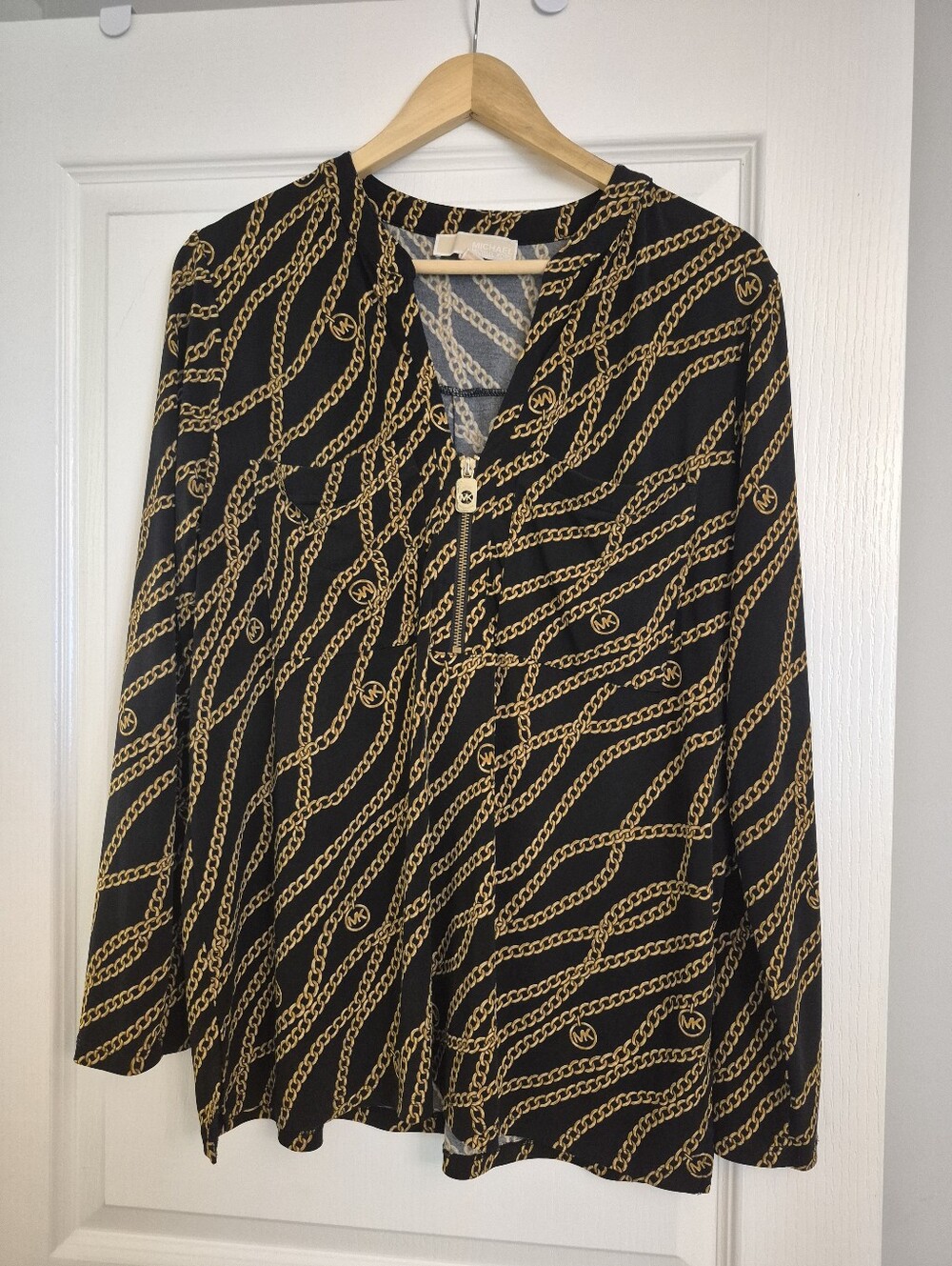 Michael Kors Black Blouse with Gold Chain Print and Front Zip